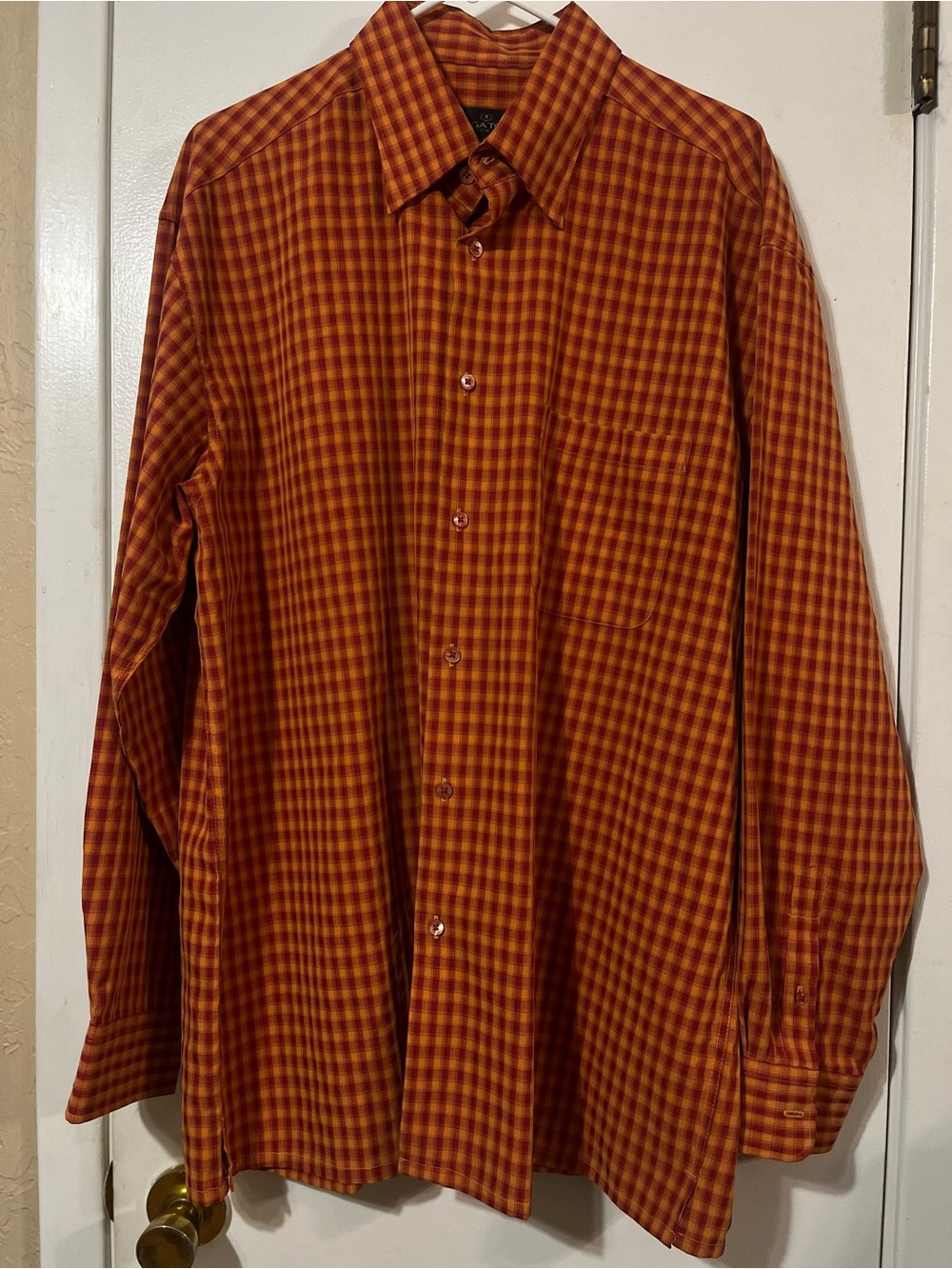 Bugatchi Men's XL Orange Red Checked Button-Up Long-Sleeved Shirt
